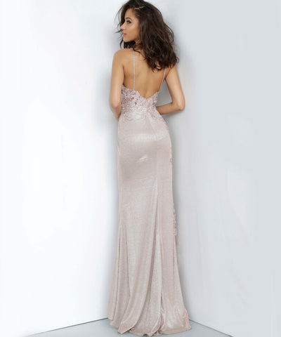 Jovani - JVN2205SC Sheer Lace Applique Glitter Sheath Evening Gown
