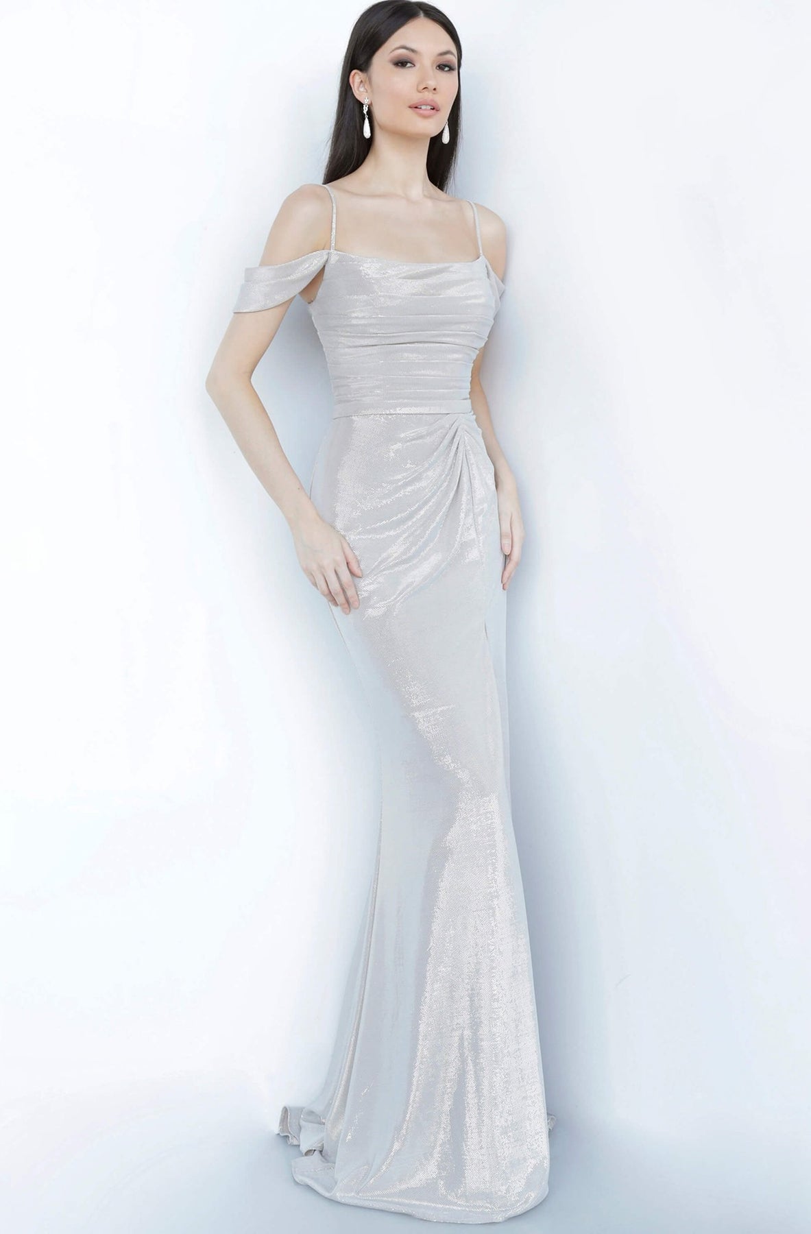 Jovani - JVN2230 Off-Shoulder Metallic Evening Dress In Silver