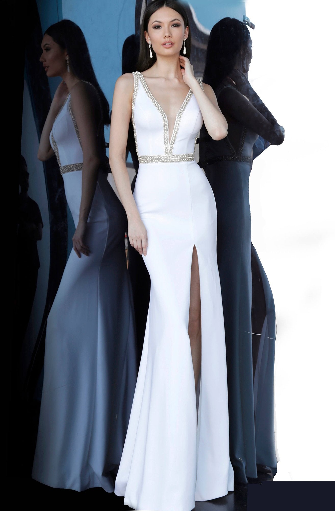 Jovani - JVN2271SC Bead-Trimmed Deep V-Neck High Slit Fitted Gown In White and Muilti-Color