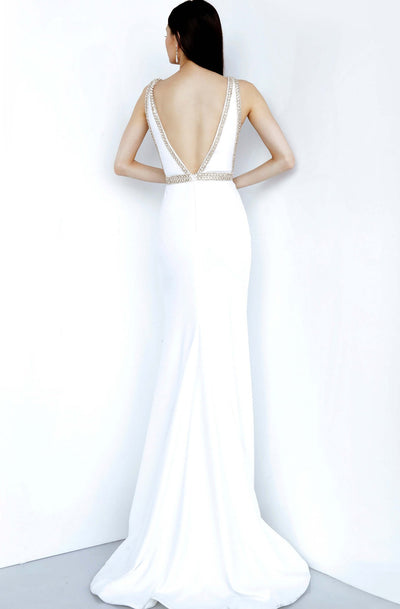 Jovani - JVN2271SC Bead-Trimmed Deep V-Neck High Slit Fitted Gown In White and Muilti-Color