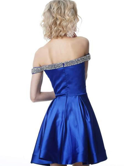 Jovani - JVN2283 Beaded Off-Shoulder A-Line Dress In Blue