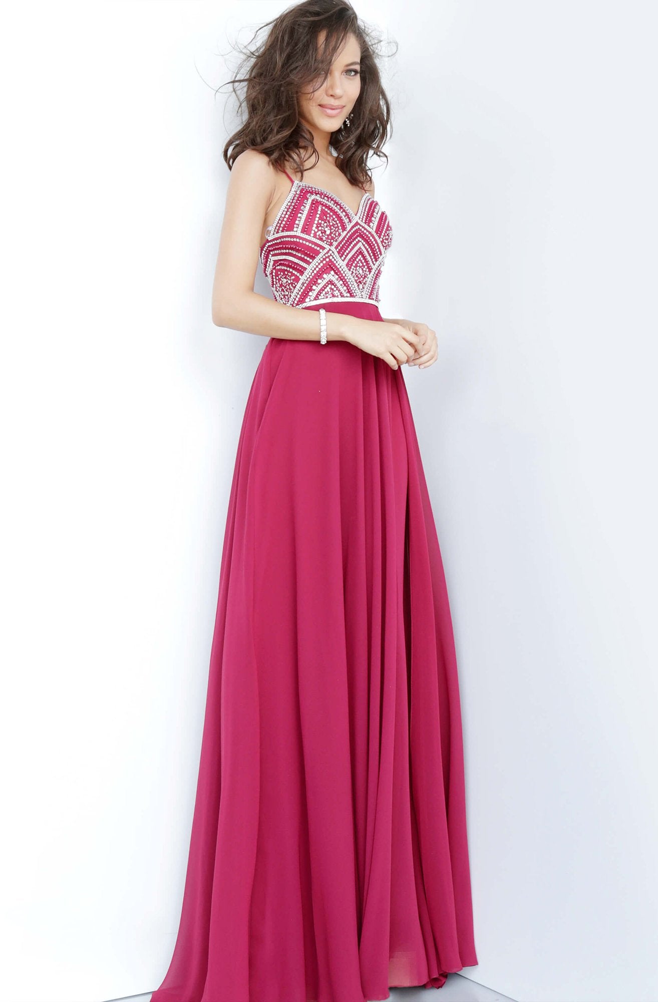 Jovani - JVN2405 Geometric Beaded V-Neck Chiffon Gown In Red