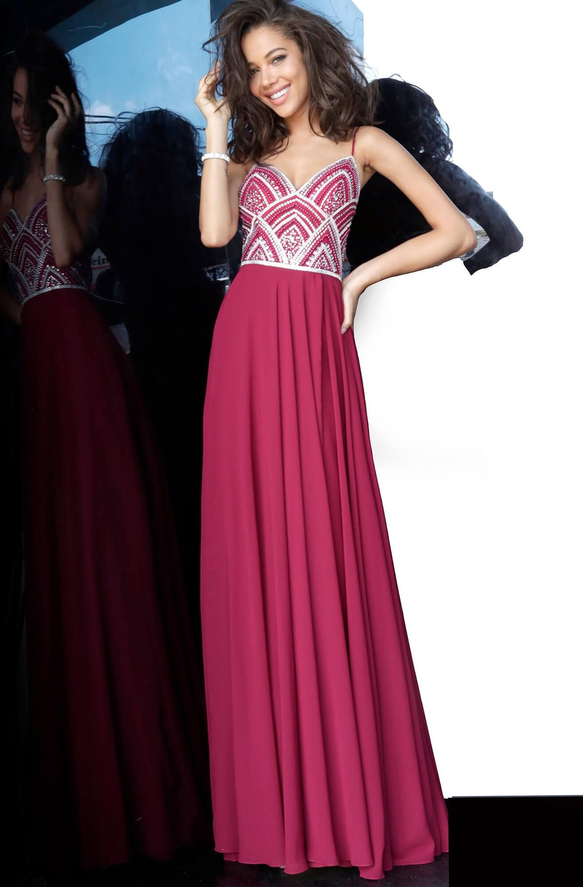 Jovani - JVN2405 Geometric Beaded V-Neck Chiffon Gown In Red