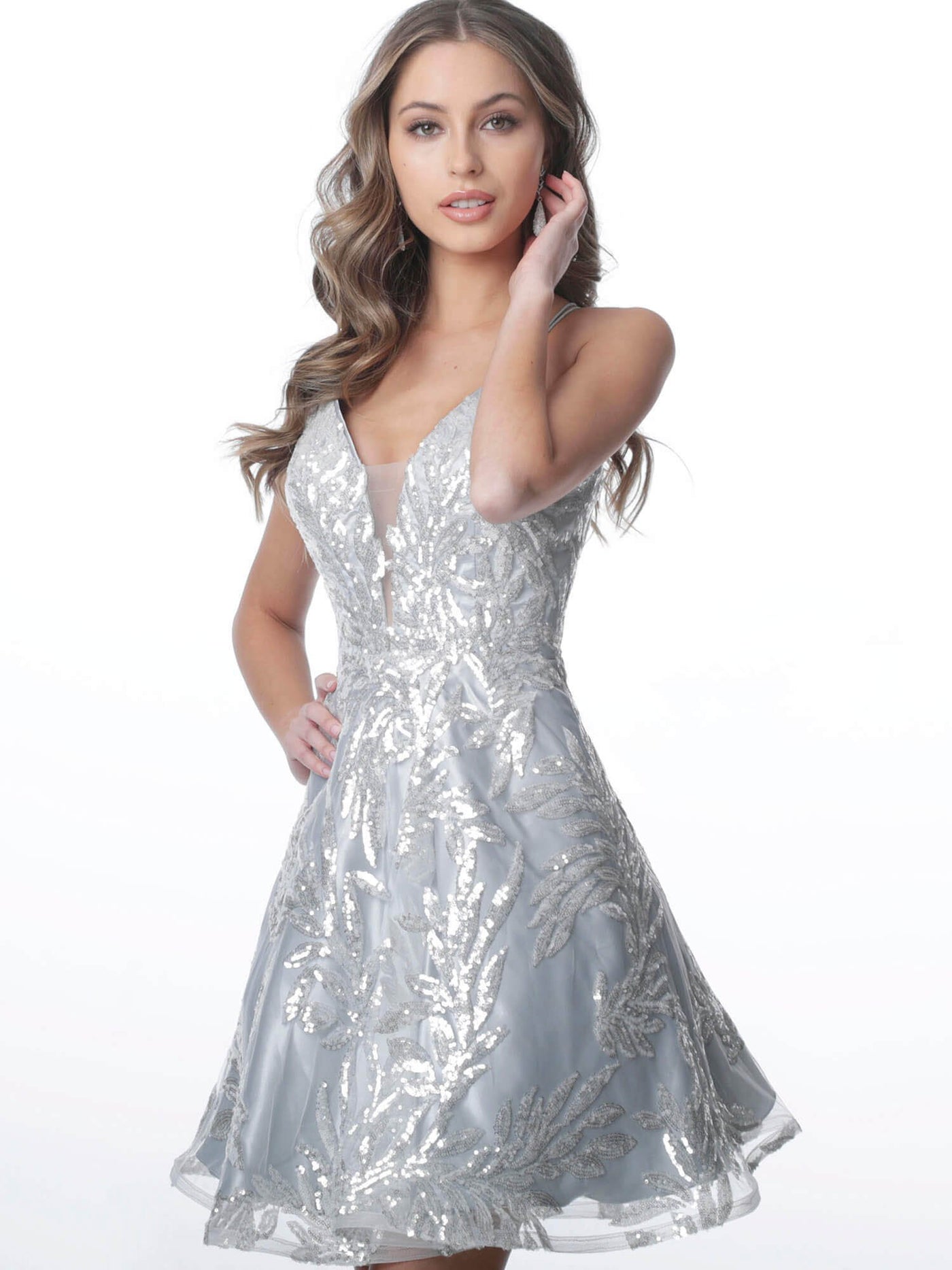 Jovani - Lace Up Back Short Sequined Dress JVN2451SC In Silver