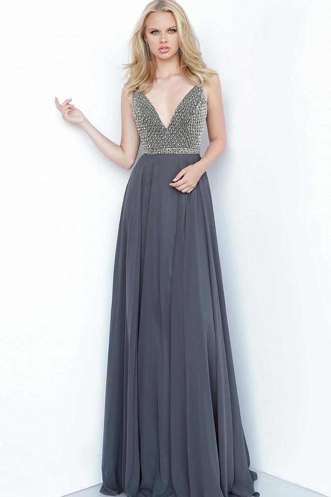 Jovani - JVN2574 Beaded Plunging V-Neck A-Line Gown In Gray