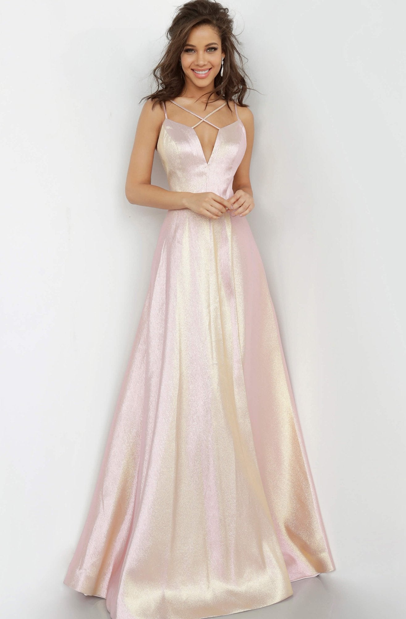 Jovani - JVN3779 Crisscross Strapped Plunging Bodice Gown In Pink