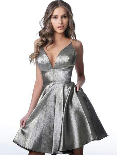 Jovani - JVN3782 Metallic Plunging V-Neck Dress Special Occasion Dress 00 / Grey