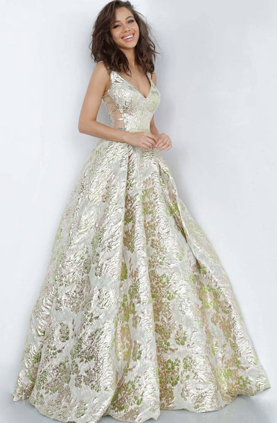Jovani - JVN3809 Embroidered Plunging V-neck Ballgown In Green and Gold