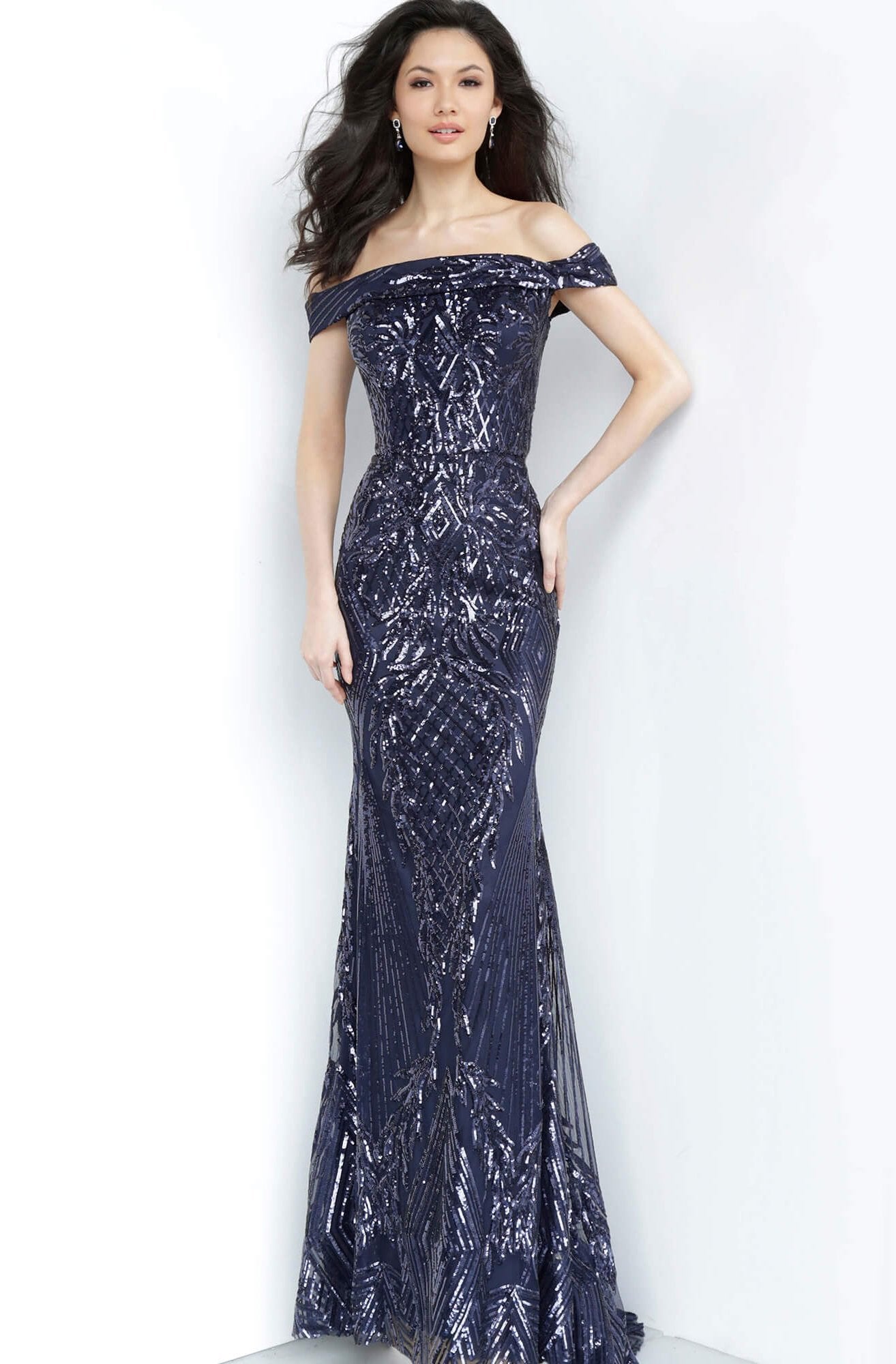 Jovani - JVN4238SC Sequin Embellished Off-Shoulder Evening Dress