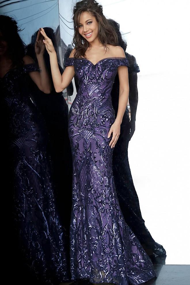 Jovani - JVN4296SC Sequin Ornate Off-Shoulder Sweetheart Neckline Prom Dress In Purple