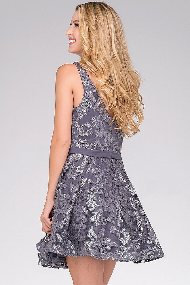 Jovani - Sleeveless Deep V Neck Floral Sequined Short Party Dress JVN47506 in Gray