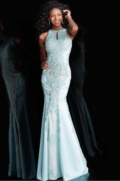 Jovani - JVN55869 Beaded Ornate Keyhole Neck Open Back Long Dress