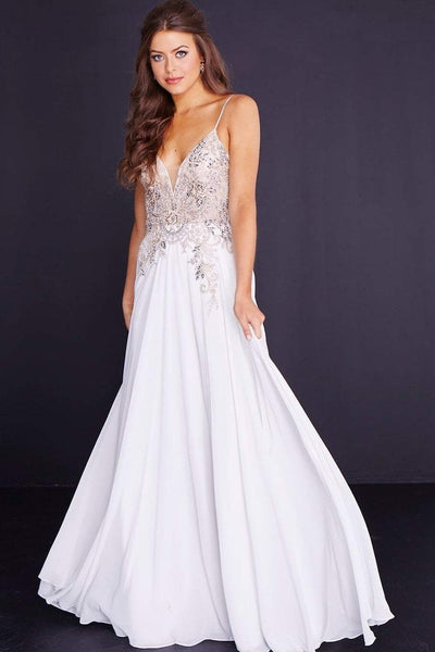 Jovani - JVN55885 Jewel Adorned Plunging Illusion Gown in White