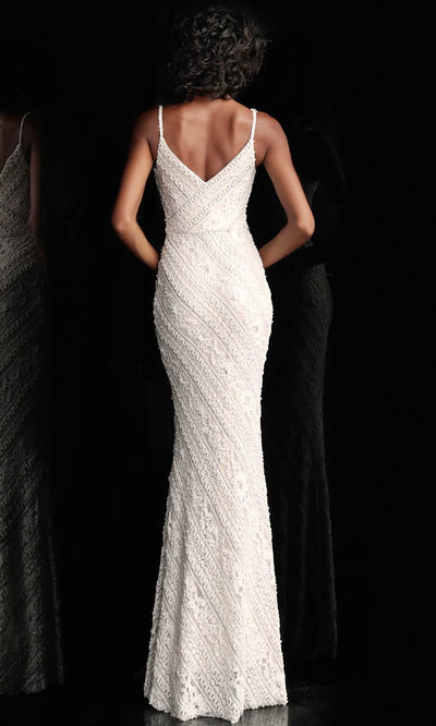 Jovani - JVN62488SC Sleeveless V Neck Allover Lace Fitted Dress In White