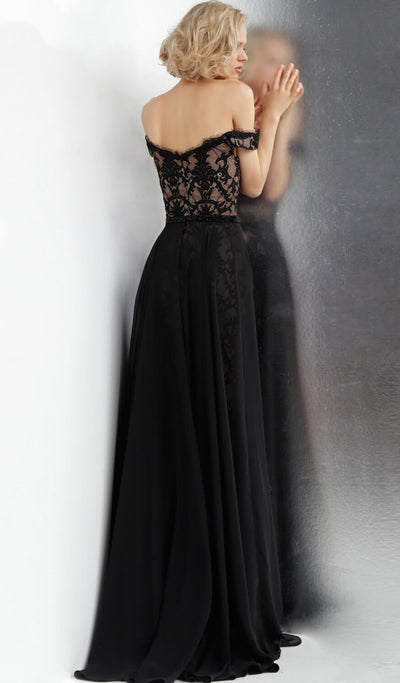 Jovani - JVN62489 Off Shoulder Contrasting Lace Overskirt Gown In Black