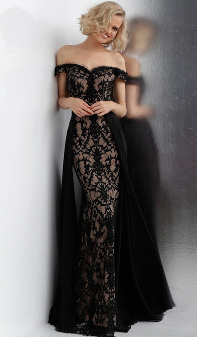 Jovani - JVN62489 Off Shoulder Contrasting Lace Overskirt Gown In Black