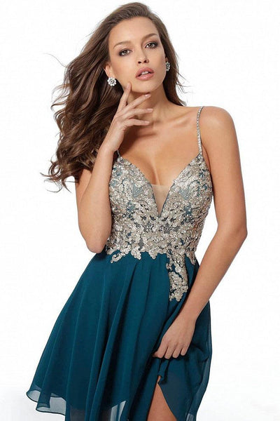 Jovani - JVN62738 Metallic Embroidered A-Line Cocktail Dress in Green