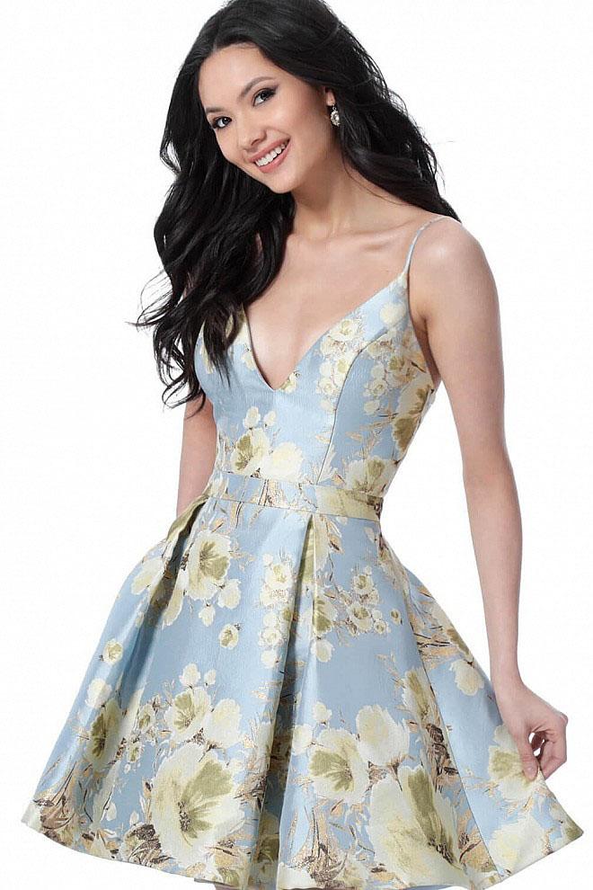 Jovani - JVN63122 Sleeveless Floral Print A-line Dress in Blue