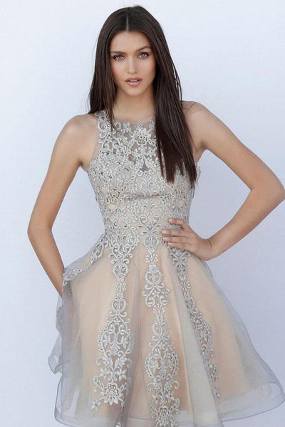 Jovani - JVN63907 Beaded Appliqued A-Line Cocktail Dress in Gray and Neutral
