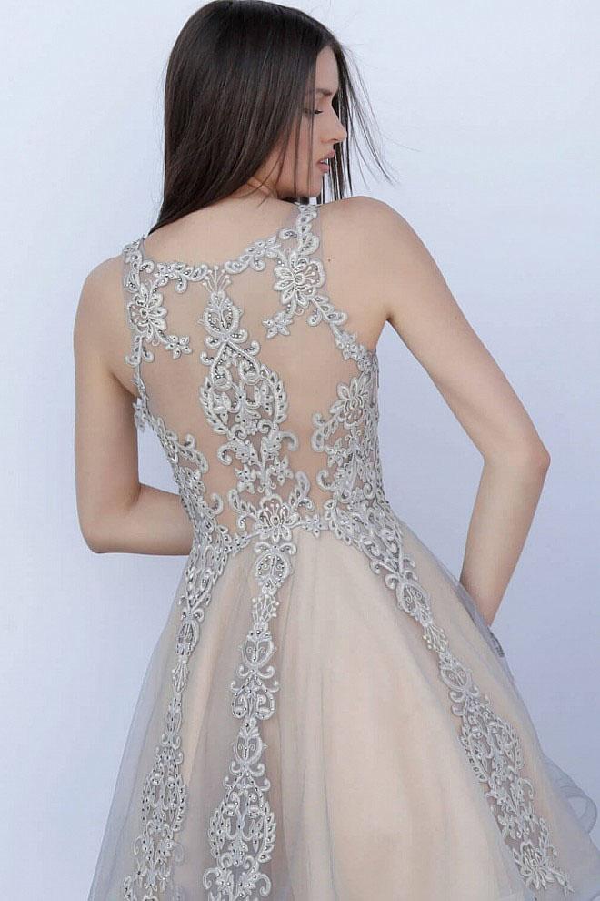 Jovani - JVN63907 Beaded Appliqued A-Line Cocktail Dress in Gray and Neutral