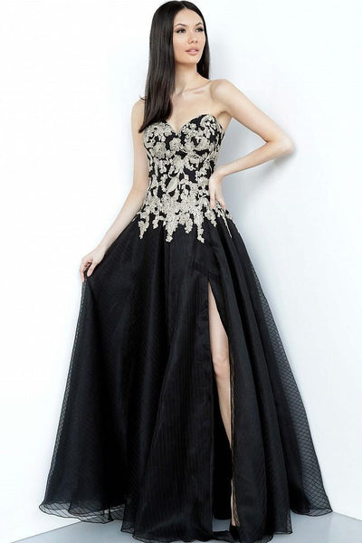 Jovani - JVN64088 Strapless Embroidered Ballgown In Black and Gold