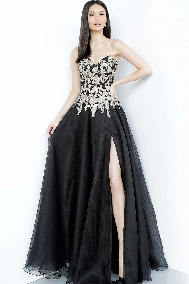 Jovani - JVN64088 Strapless Embroidered Ballgown In Black and Gold