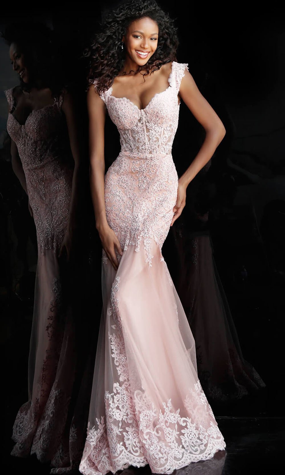 Jovani - Long Lace Embroidered Corset Bodice Dress JVN65688SC In Pink