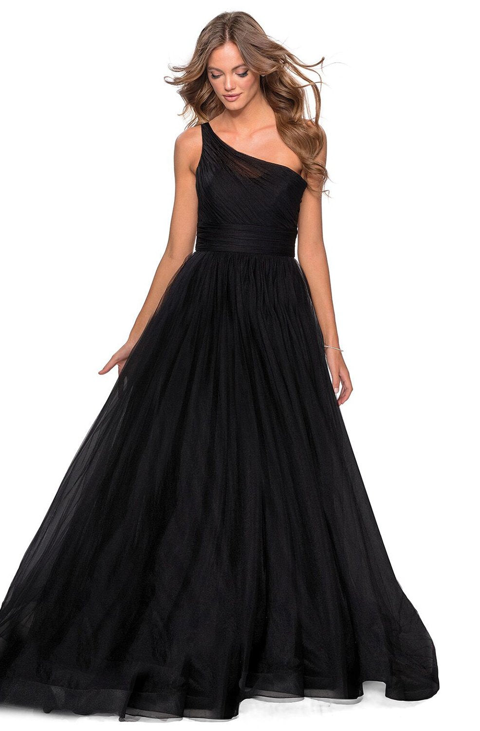 La Femme - One Shoulder Shirred Tulle A-Line Dress 28383SC