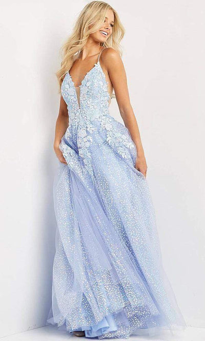 JVN by Jovani JVN07252SC - Spaghetti Strap Floral Prom Gown Prom Dresses 00 / Periwinkle