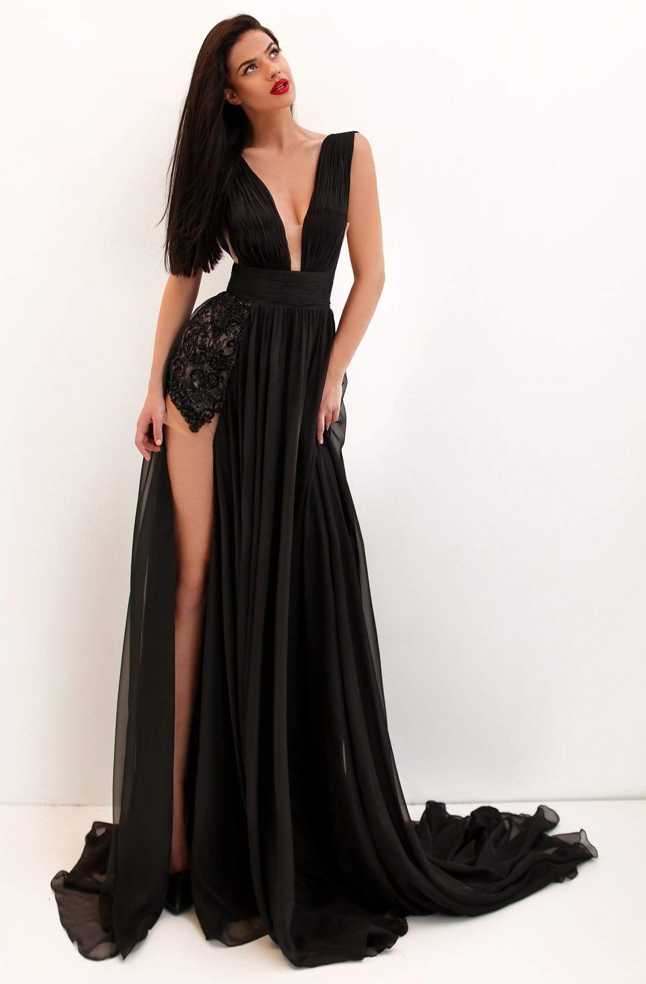 Tarik Ediz - 50690 Deep V-neck Applique Sheath Dress Evening Dresses 0 / Black