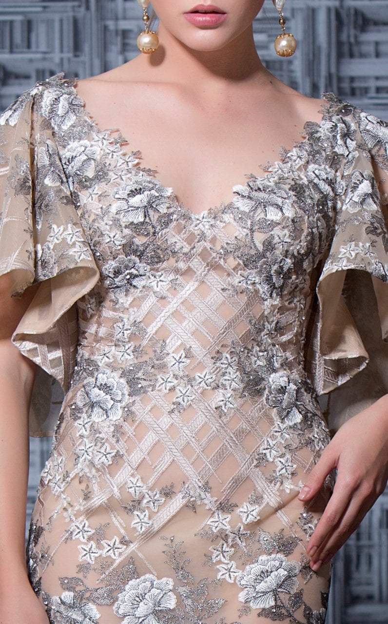 MNM Couture - K3565 Butterfly Sleeves V-neck Embellished Gown In Neutral