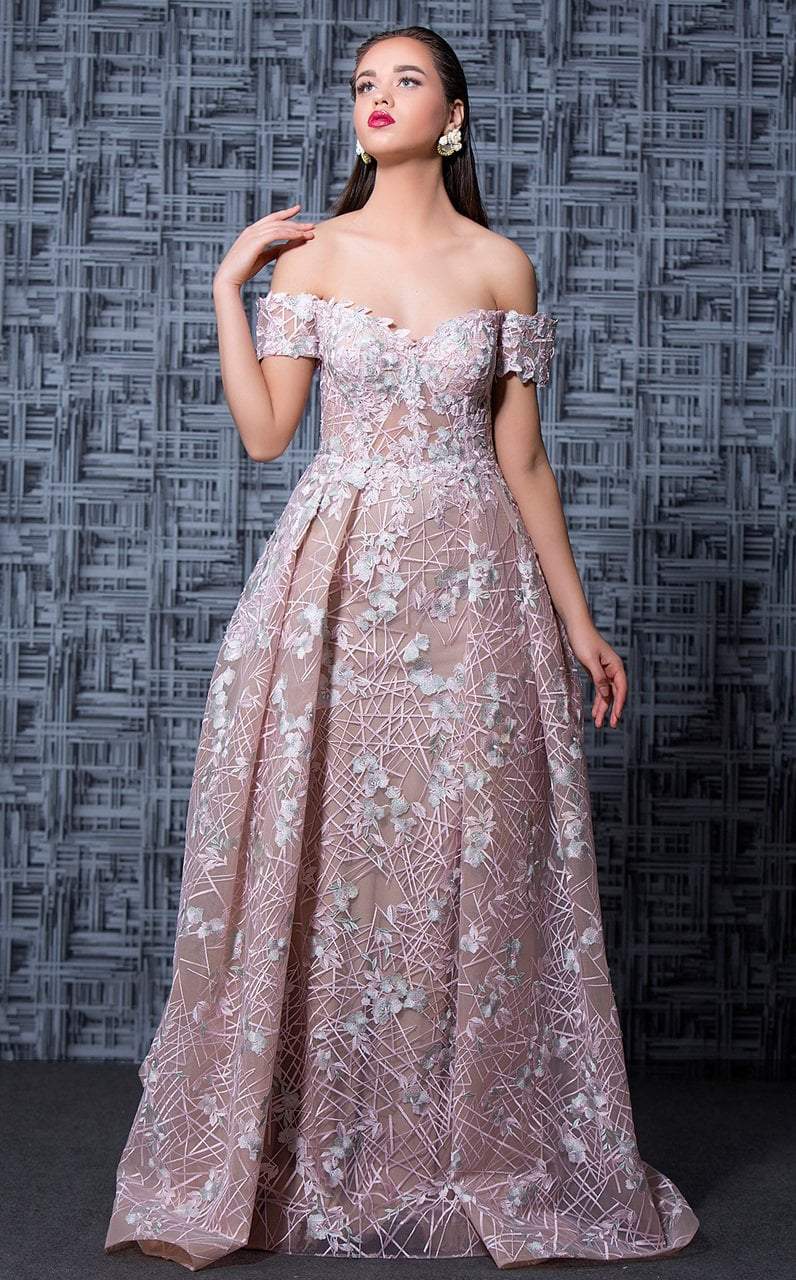 MNM Couture - K3567 Embroidered Off-Shoulder Pleated Ballgown in Pink