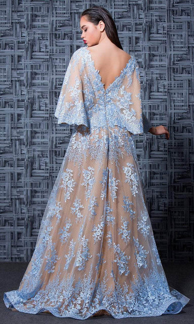 MNM COUTURE - K3571SC Cape Sleeves Sheer Embroidered Long Gown In Blue