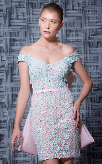 MNM Couture - K3585 Floral Applique Sheath Dress With Bow Accent In Pink and Blue