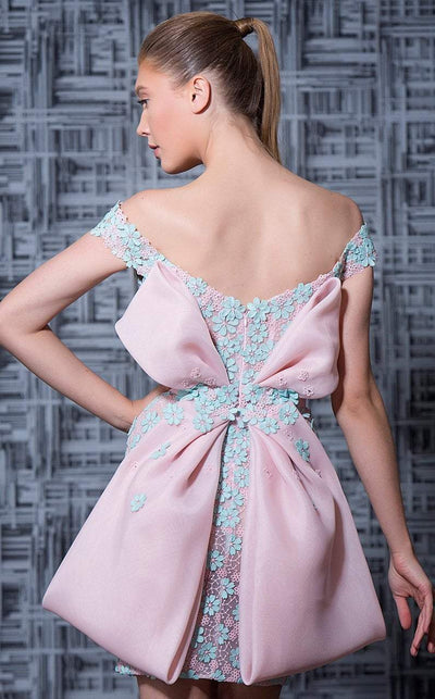 MNM Couture - K3585 Floral Applique Sheath Dress With Bow Accent In Pink and Blue