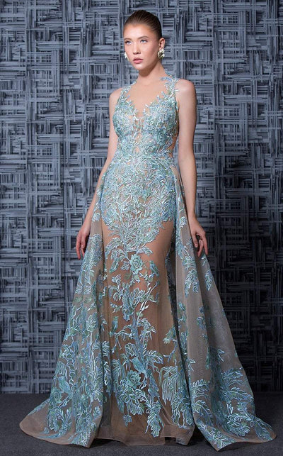 MNM Couture - K3596 Embroidered Illusion Dress with Overskirt In Neutral and Blue