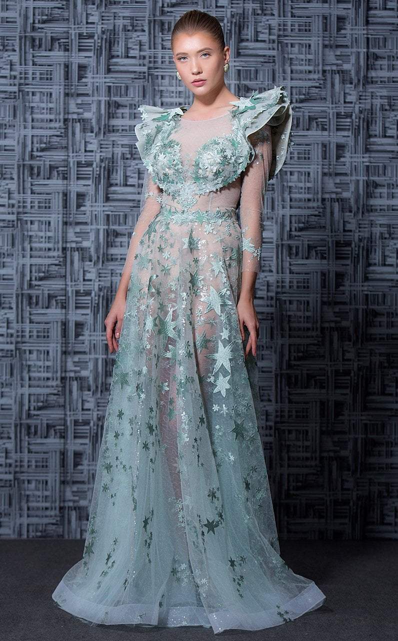 MNM Couture - K3602 Long Sleeved Sheer Embellished Gown In Green