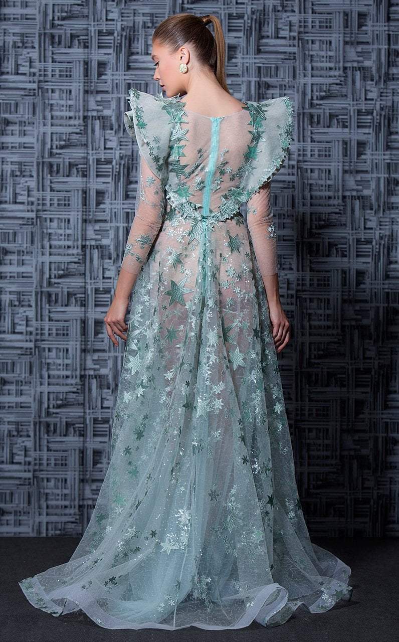 MNM Couture - K3602 Long Sleeved Sheer Embellished Gown In Green