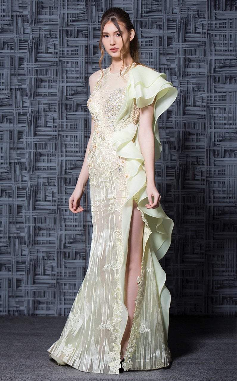 MNM Couture - K3608 Floral Applique Trumpet Dress With Train in Yellow