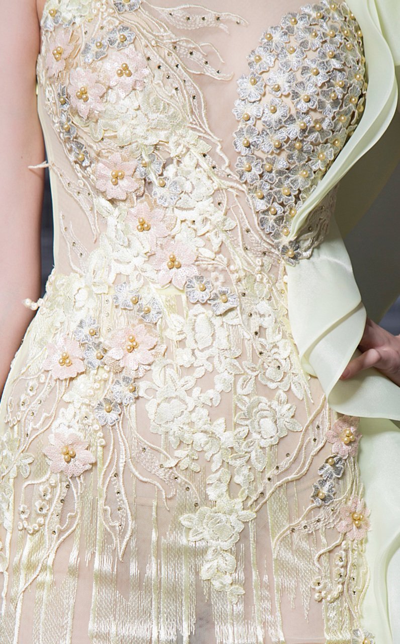 MNM Couture - K3608 Floral Applique Trumpet Dress With Train in Yellow