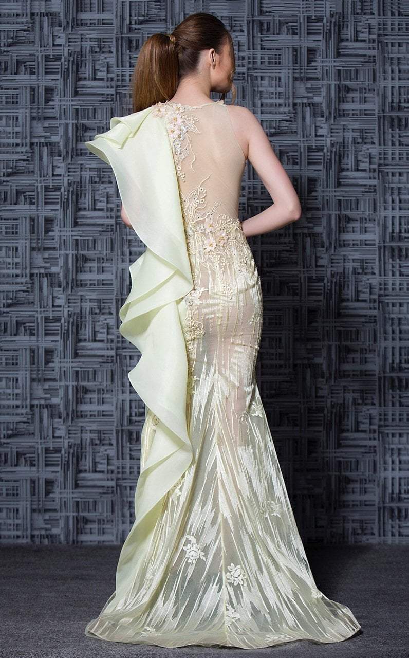 MNM Couture - K3608 Floral Applique Trumpet Dress With Train in Yellow