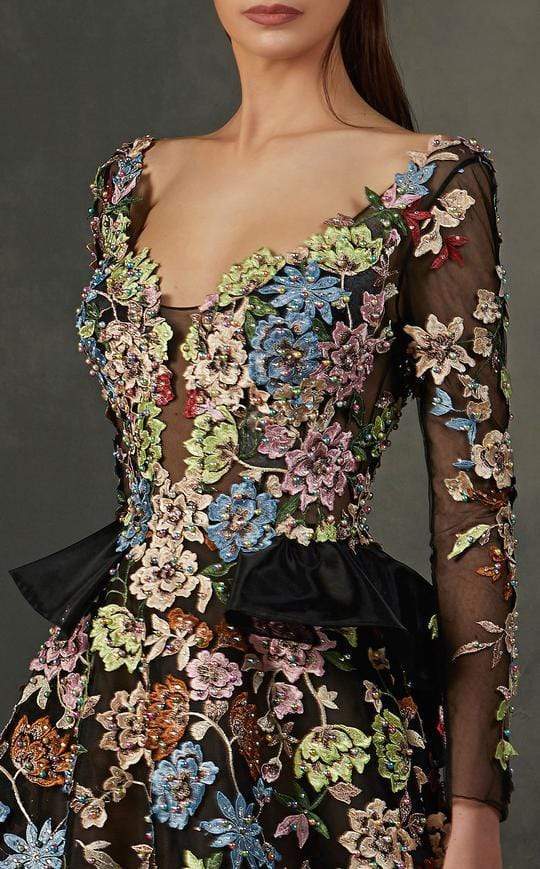 MNM COUTURE - K3706 Floral Embroidered Long Sleeve Deep Vneck Ballgown In Black