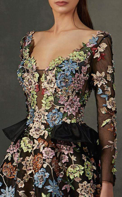 MNM COUTURE - K3706 Floral Embroidered Long Sleeve Deep Vneck Ballgown In Black