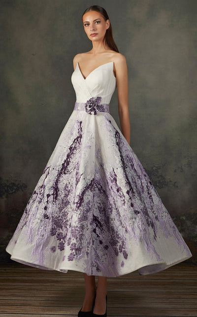 MNM COUTURE - K3709 Strapless Embroidered V-neck A-line Dress In Purple