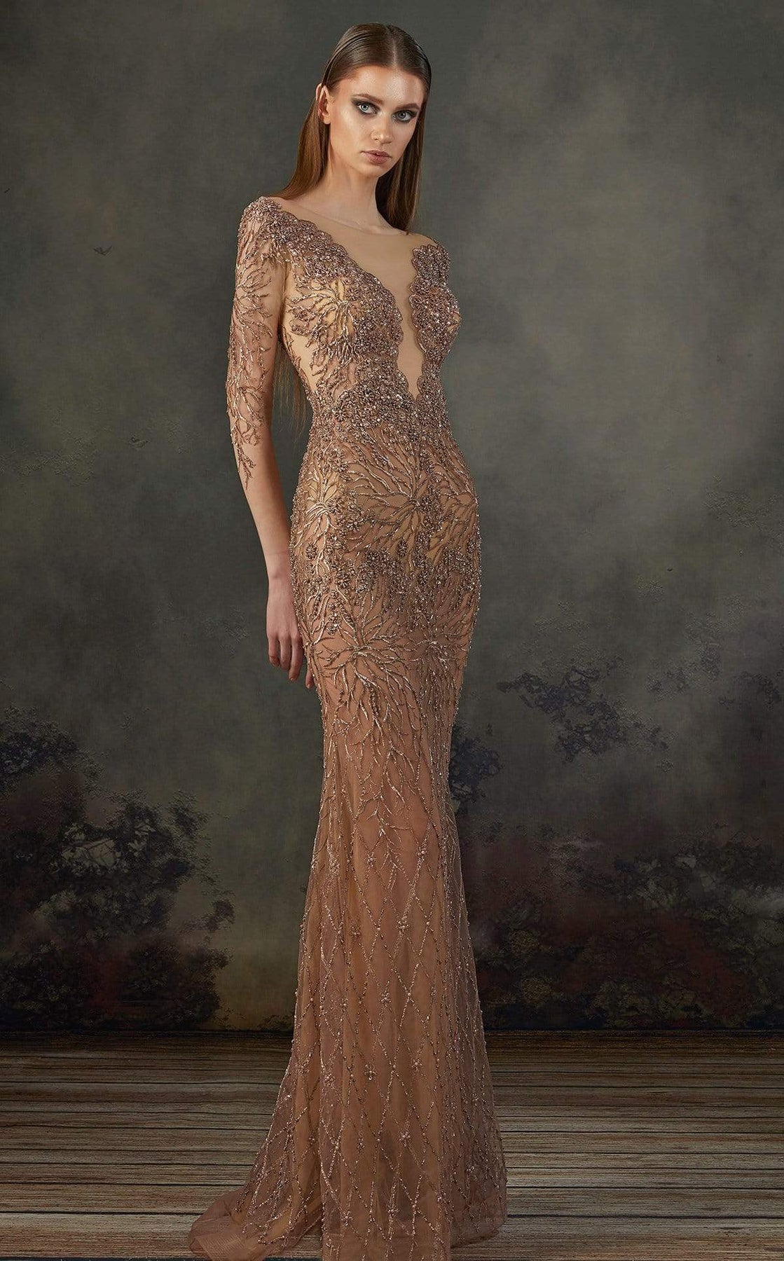 MNM COUTURE - K3720 Embellished Long Sleeve Sheath Dress In Brown