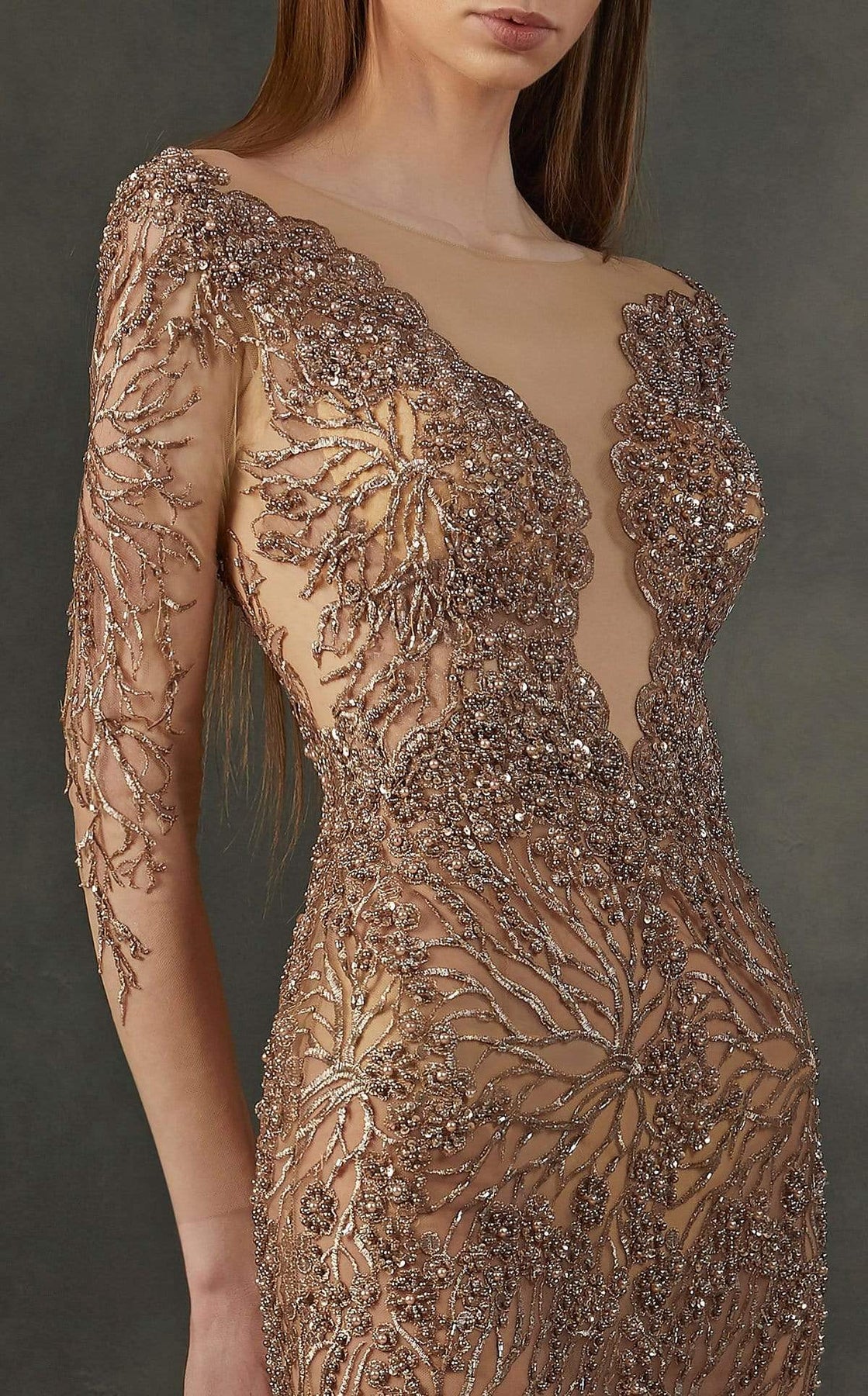 MNM COUTURE - K3720 Embellished Long Sleeve Sheath Dress In Brown