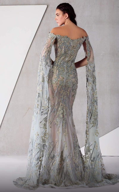 MNM COUTURE - K3763 Embroidered Off-Shoulder Trumpet Dress In Gray and Silver