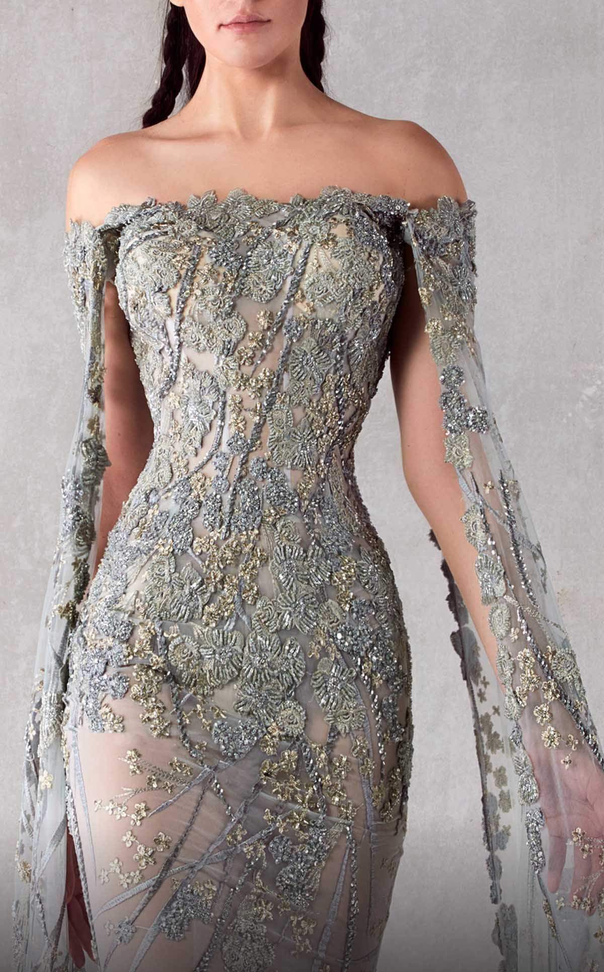 MNM COUTURE - K3763 Embroidered Off-Shoulder Trumpet Dress In Gray and Silver