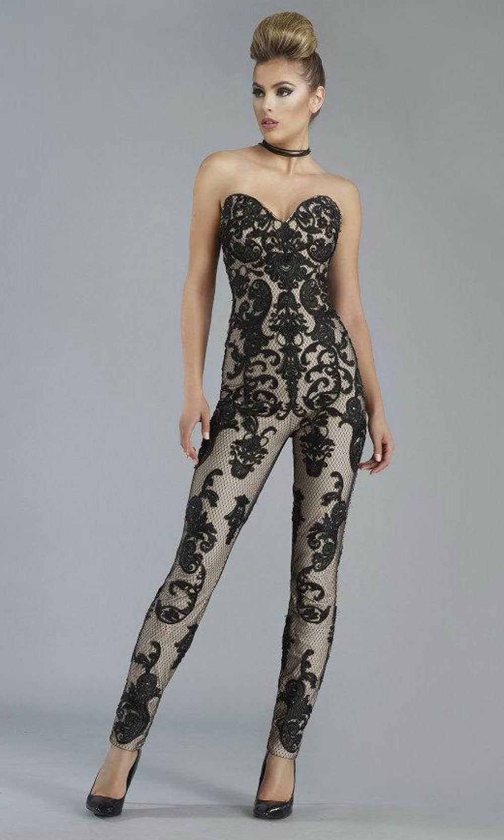 Janique - K6561 Strapless Contrast Brocade Jumpsuit In Black and Neutral