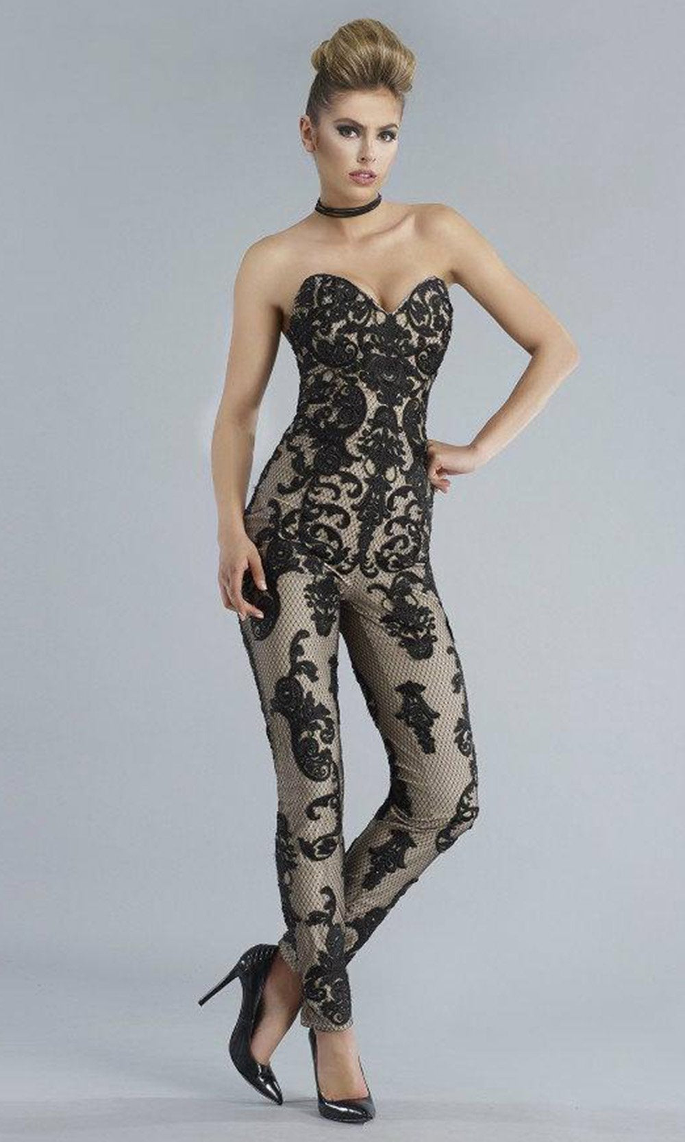 Janique - K6561 Strapless Contrast Brocade Jumpsuit In Black and Neutral
